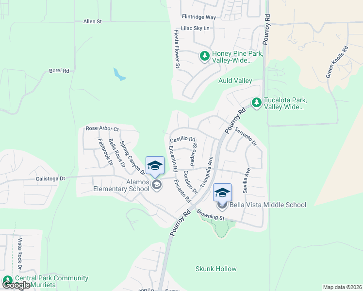map of restaurants, bars, coffee shops, grocery stores, and more near 38222 Encanto Road in Murrieta