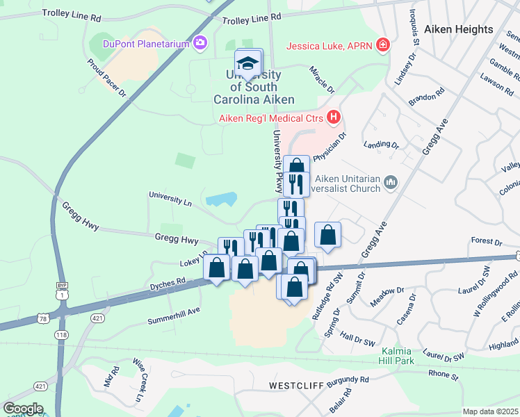 map of restaurants, bars, coffee shops, grocery stores, and more near 1211 University Ln in Aiken