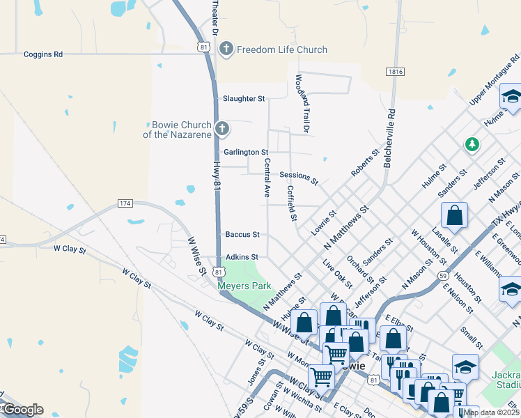 map of restaurants, bars, coffee shops, grocery stores, and more near 810 Central Street in Bowie