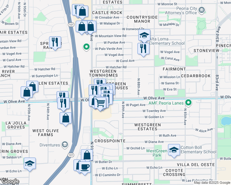 map of restaurants, bars, coffee shops, grocery stores, and more near 8940 West Olive Avenue in Peoria