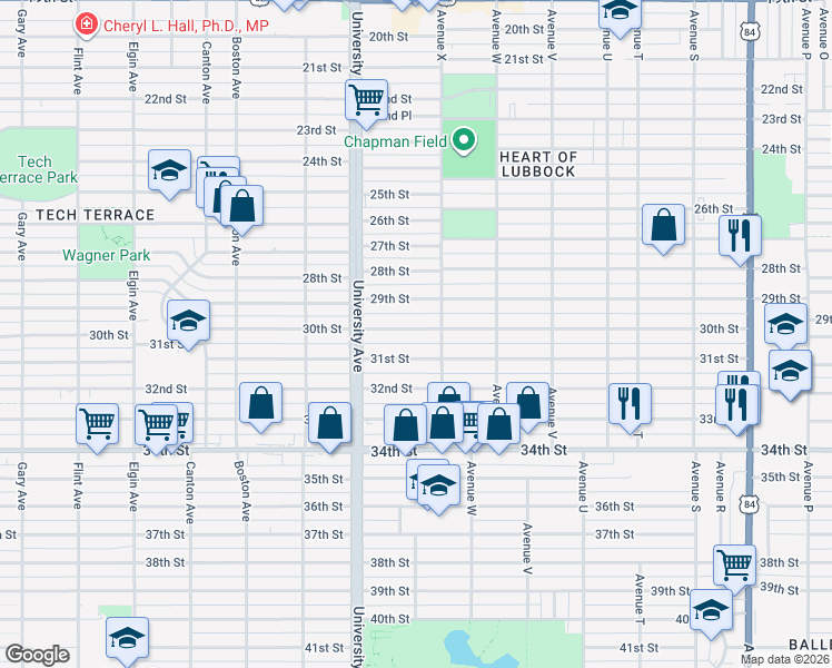 map of restaurants, bars, coffee shops, grocery stores, and more near 2407 30th Street in Lubbock