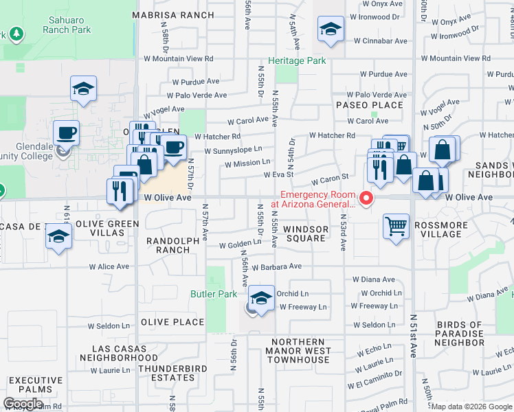 map of restaurants, bars, coffee shops, grocery stores, and more near 8939 North 56th Avenue in Glendale