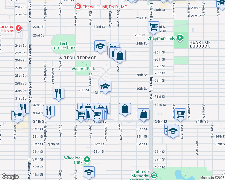 map of restaurants, bars, coffee shops, grocery stores, and more near 2703 30th Street in Lubbock