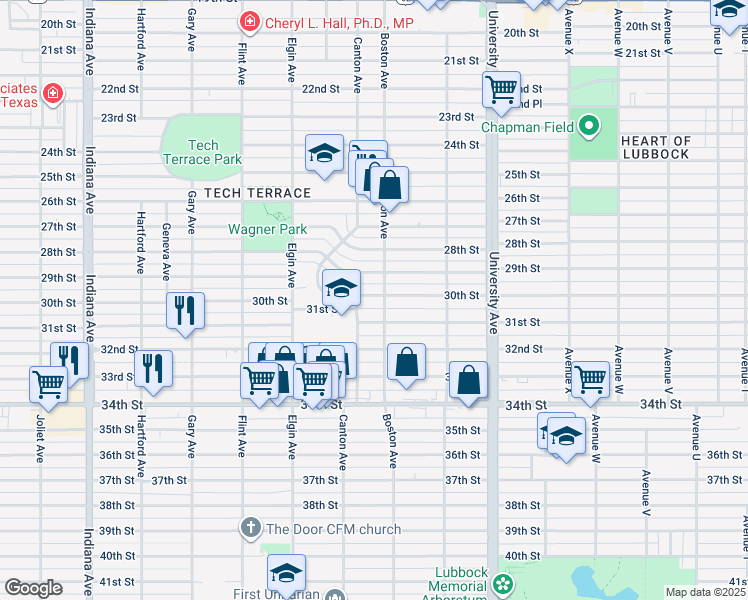 map of restaurants, bars, coffee shops, grocery stores, and more near 2703 30th Street in Lubbock