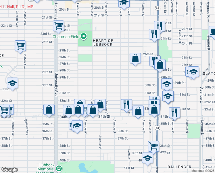 map of restaurants, bars, coffee shops, grocery stores, and more near 2205 30th Street in Lubbock