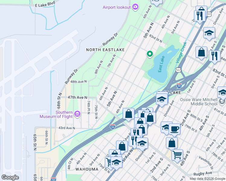 map of restaurants, bars, coffee shops, grocery stores, and more near 7820 5th Avenue North in Birmingham