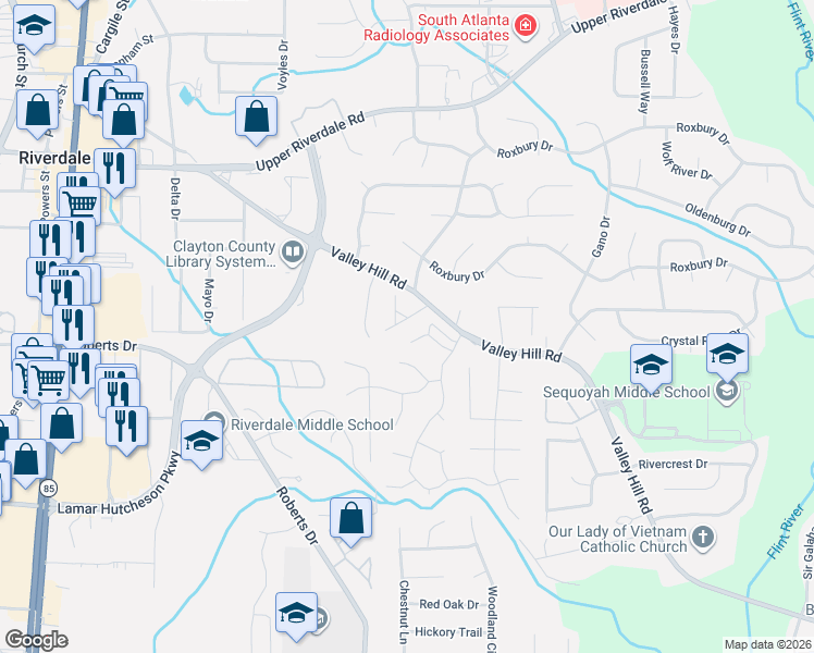 map of restaurants, bars, coffee shops, grocery stores, and more near 275 Tara Woods Drive in Riverdale