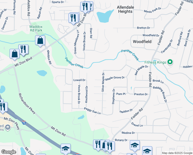 map of restaurants, bars, coffee shops, grocery stores, and more near 2730 Maple Grove Drive in Rex