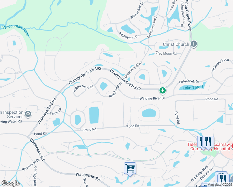 map of restaurants, bars, coffee shops, grocery stores, and more near 25 Riverbend Drive in Murrells Inlet