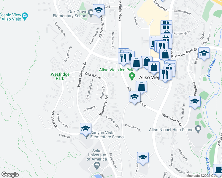 map of restaurants, bars, coffee shops, grocery stores, and more near 3 Spring Harbor in Aliso Viejo