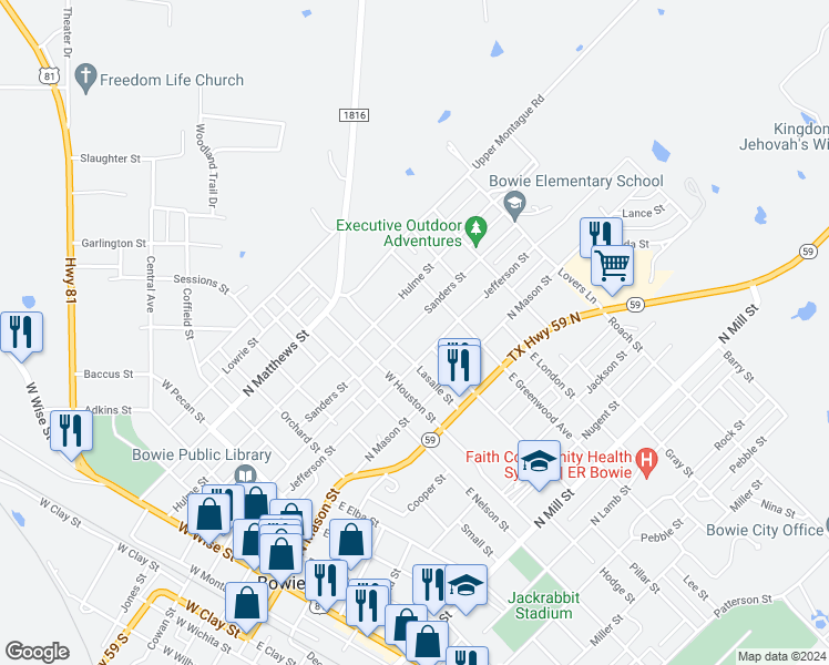 map of restaurants, bars, coffee shops, grocery stores, and more near 1109 North Sanders Street in Bowie