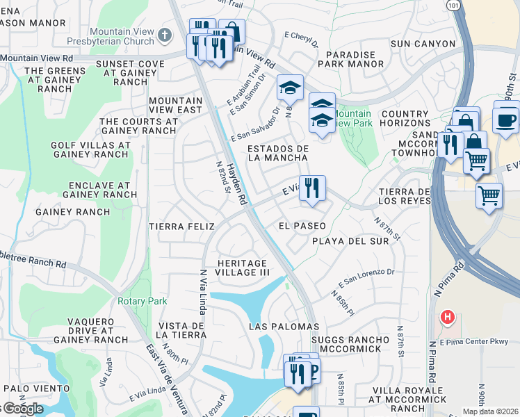 map of restaurants, bars, coffee shops, grocery stores, and more near 8340 East San Bernardo Drive in Scottsdale