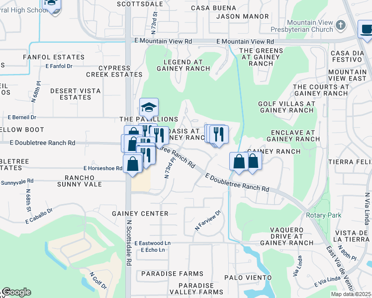 map of restaurants, bars, coffee shops, grocery stores, and more near 7245 East Gainey Ranch Road in Scottsdale