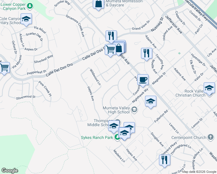 map of restaurants, bars, coffee shops, grocery stores, and more near 42336 Wildwood Lane in Murrieta
