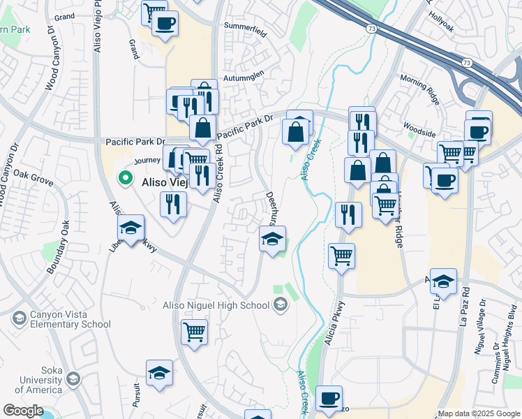 map of restaurants, bars, coffee shops, grocery stores, and more near 17 Destiny Way in Aliso Viejo