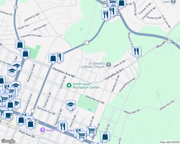 map of restaurants, bars, coffee shops, grocery stores, and more near 710 Bamberg Avenue Northeast in Aiken