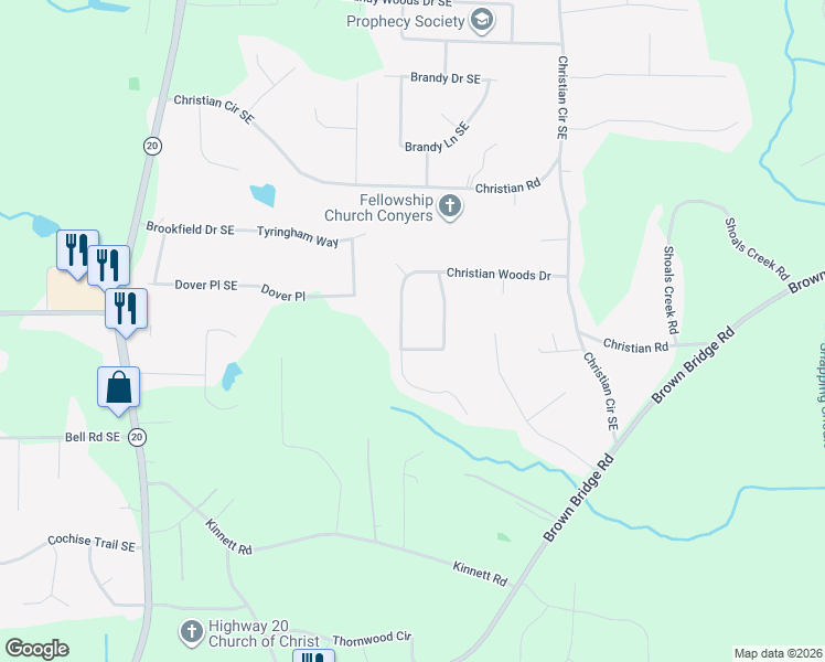 map of restaurants, bars, coffee shops, grocery stores, and more near 245 Christian Woods Drive in Conyers