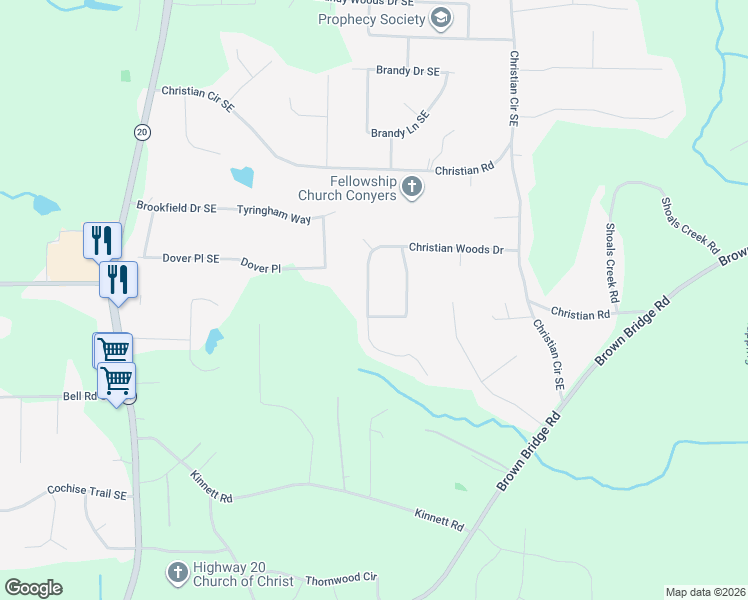 map of restaurants, bars, coffee shops, grocery stores, and more near 245 Christian Woods Drive in Conyers