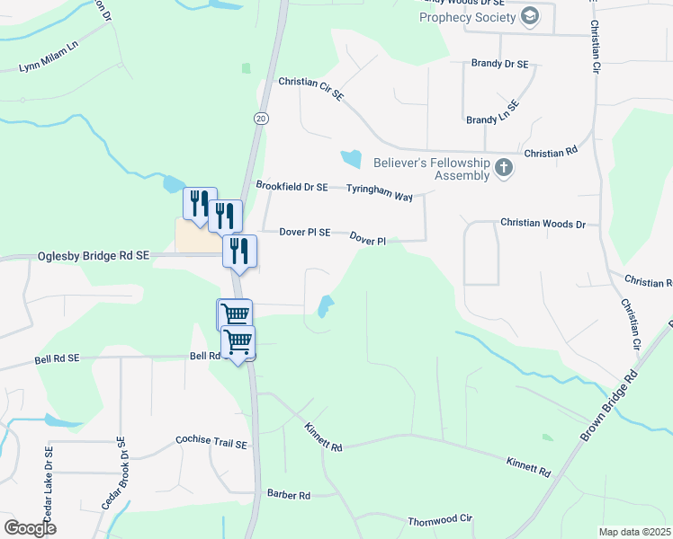map of restaurants, bars, coffee shops, grocery stores, and more near 4561 North Woodlake Lane Southeast in Conyers