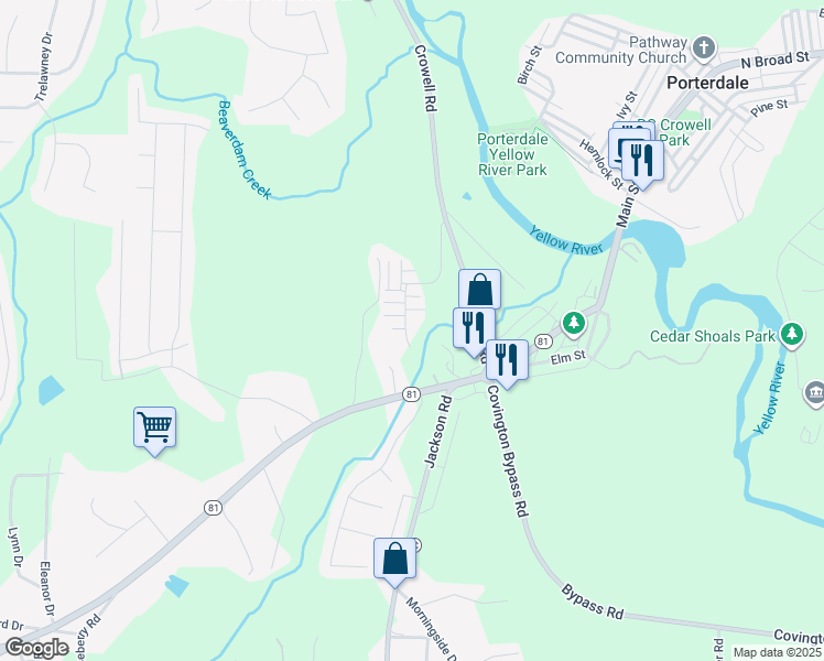 map of restaurants, bars, coffee shops, grocery stores, and more near 85 Madison Way in Porterdale
