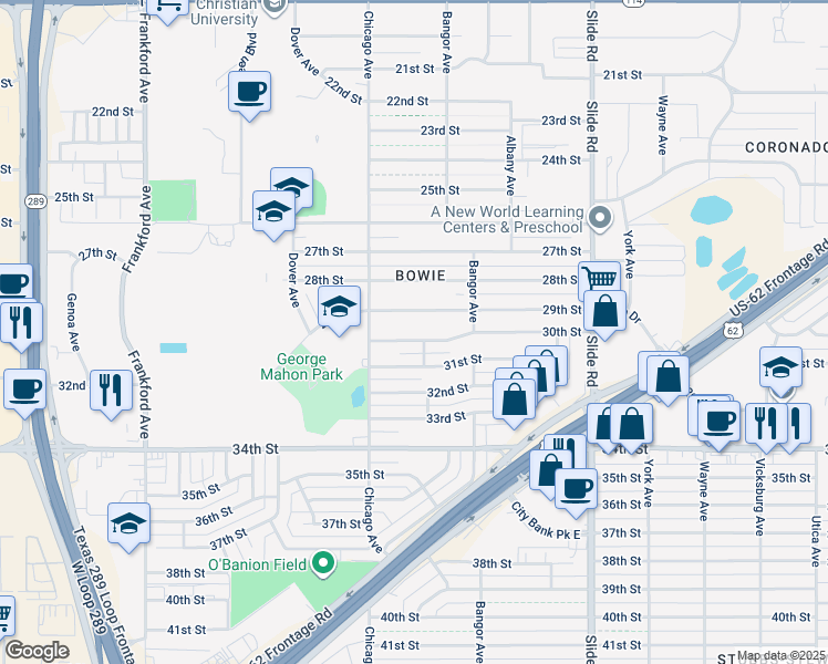 map of restaurants, bars, coffee shops, grocery stores, and more near 5416 30th Street in Lubbock
