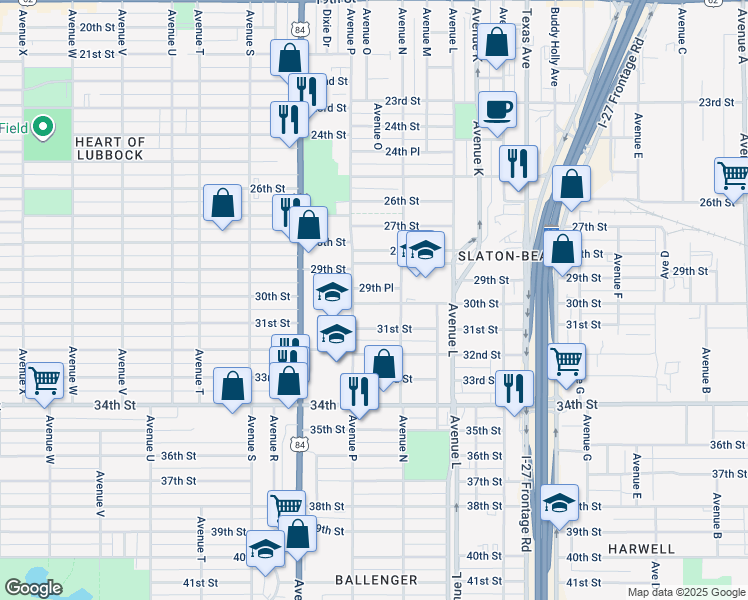 map of restaurants, bars, coffee shops, grocery stores, and more near 1508 30th Street in Lubbock