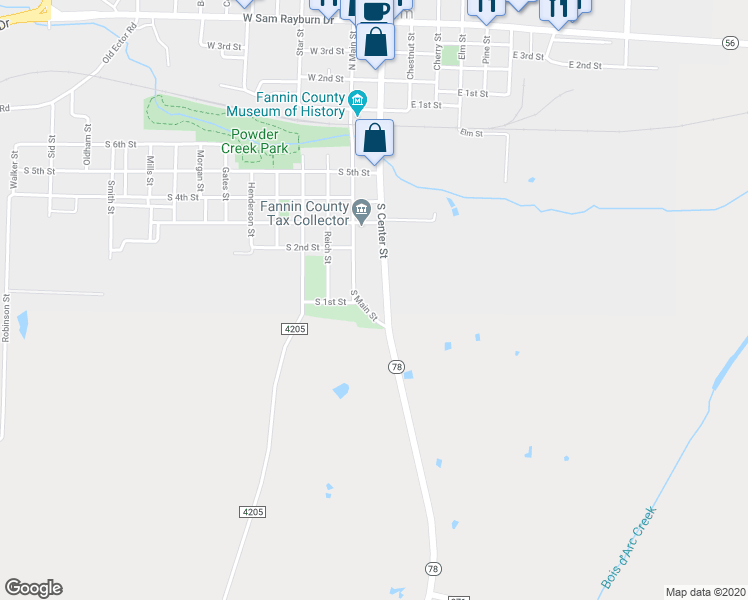 map of restaurants, bars, coffee shops, grocery stores, and more near 107 South Center Street in Bonham