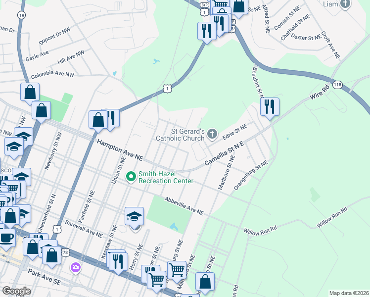 map of restaurants, bars, coffee shops, grocery stores, and more near 710 Bamberg Avenue Northeast in Aiken
