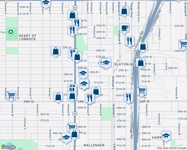 map of restaurants, bars, coffee shops, grocery stores, and more near 1508 30th Street in Lubbock