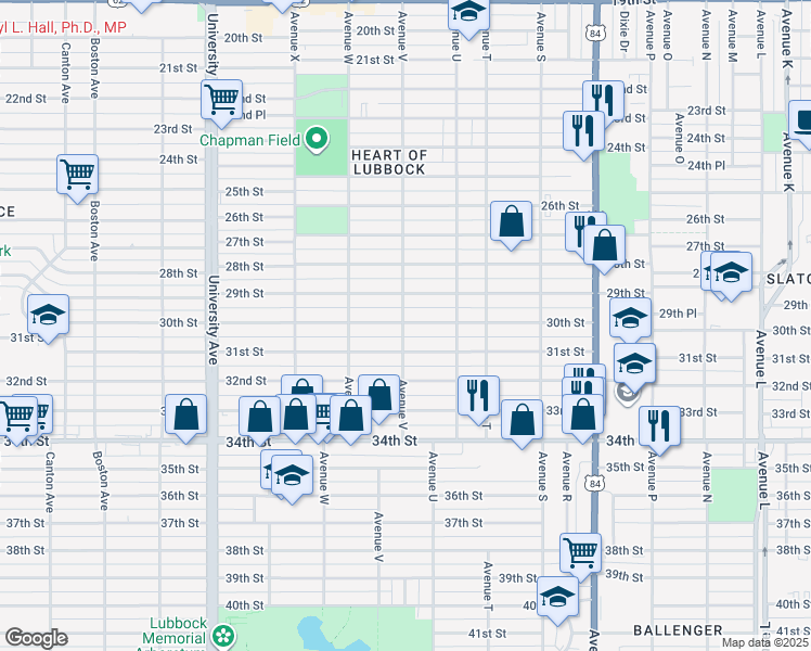 map of restaurants, bars, coffee shops, grocery stores, and more near 2205 30th Street in Lubbock