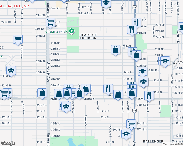map of restaurants, bars, coffee shops, grocery stores, and more near 2205 30th Street in Lubbock