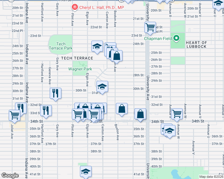 map of restaurants, bars, coffee shops, grocery stores, and more near 2703 30th Street in Lubbock