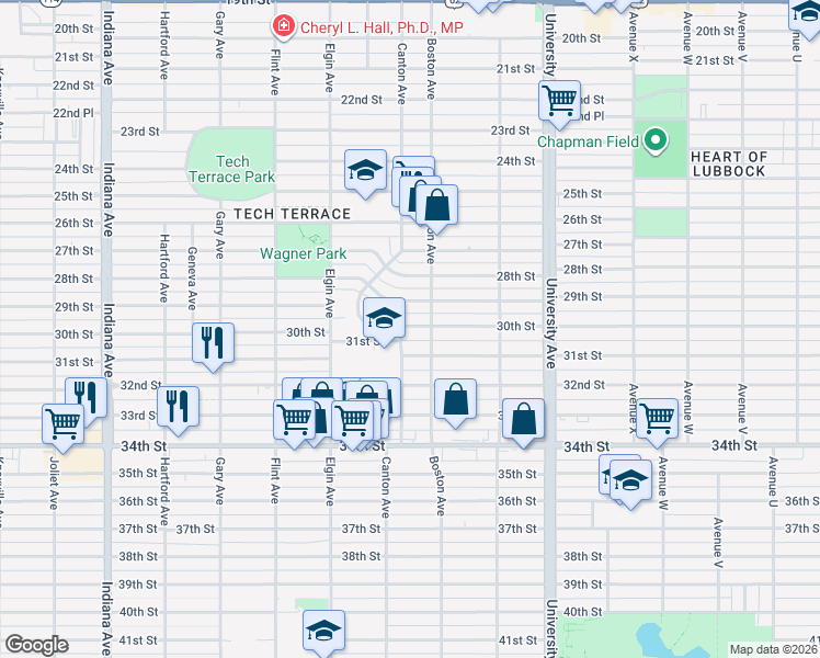 map of restaurants, bars, coffee shops, grocery stores, and more near 2703 30th Street in Lubbock
