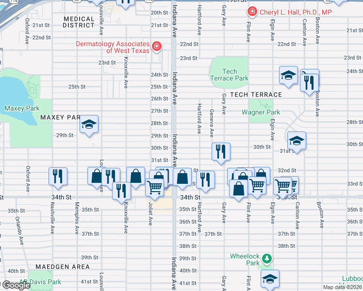 map of restaurants, bars, coffee shops, grocery stores, and more near 3318 30th Street in Lubbock