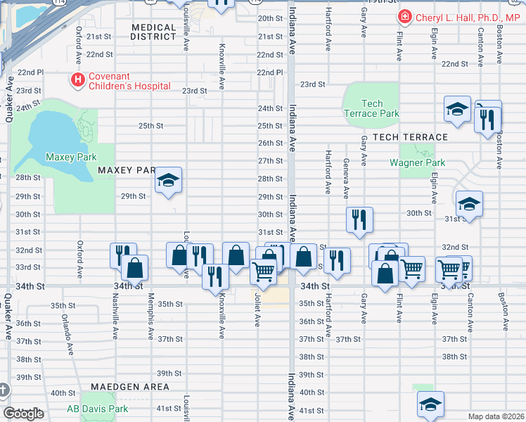 map of restaurants, bars, coffee shops, grocery stores, and more near 3414 30th Street in Lubbock