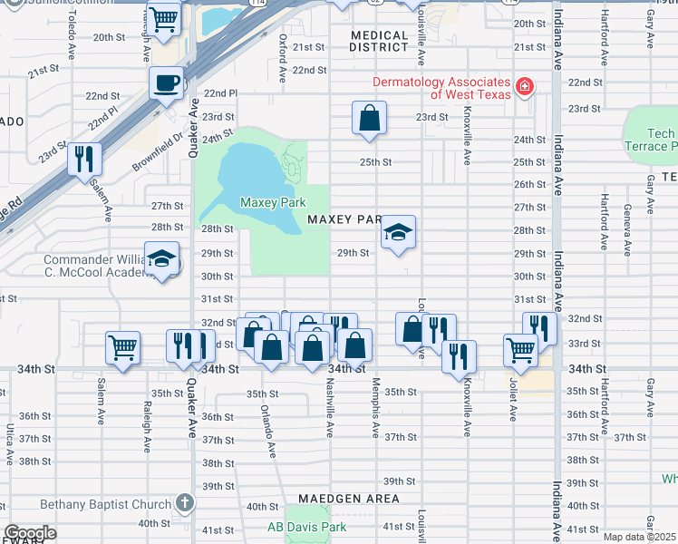 map of restaurants, bars, coffee shops, grocery stores, and more near 3816 30th Street in Lubbock