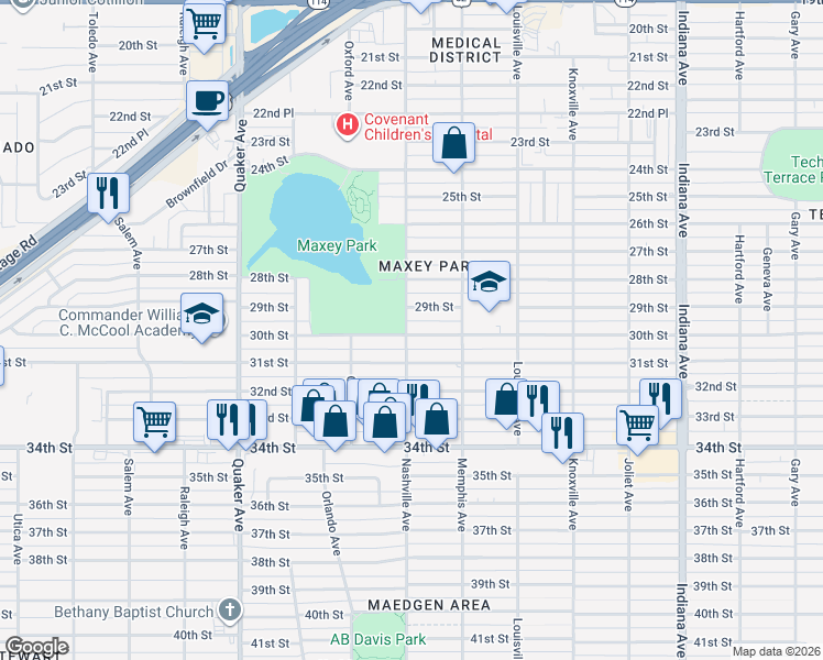 map of restaurants, bars, coffee shops, grocery stores, and more near 3816 30th Street in Lubbock