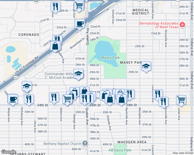 map of restaurants, bars, coffee shops, grocery stores, and more near 4312 30th Street in Lubbock