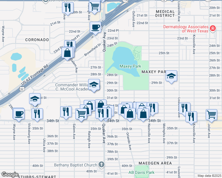 map of restaurants, bars, coffee shops, grocery stores, and more near 4312 30th Street in Lubbock