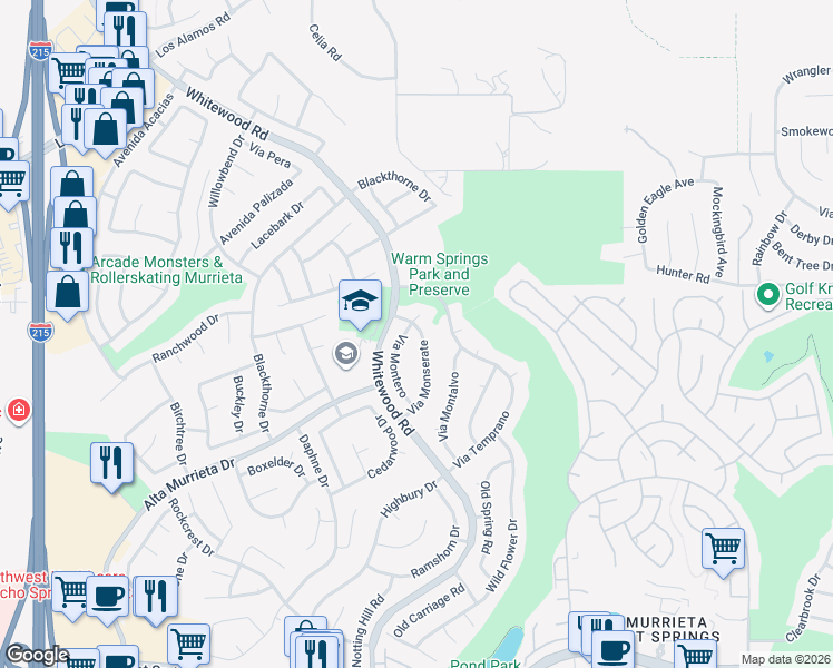 map of restaurants, bars, coffee shops, grocery stores, and more near 39400 Via Montero in Murrieta