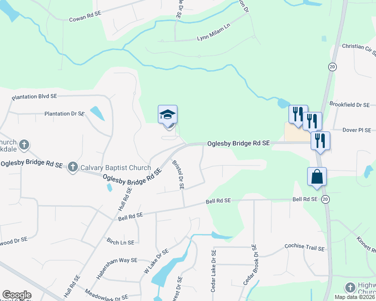map of restaurants, bars, coffee shops, grocery stores, and more near 589 Oglesby Bridge Road Southeast in Conyers
