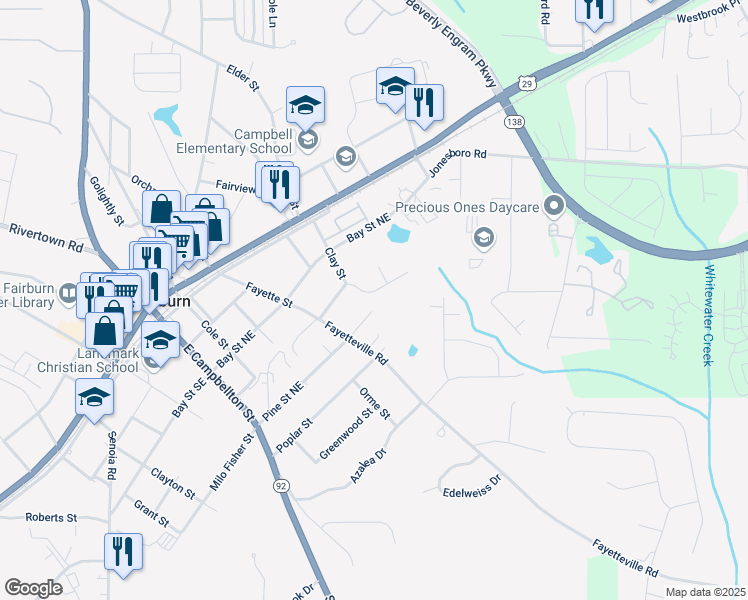 map of restaurants, bars, coffee shops, grocery stores, and more near 128 Summerwood Drive in Fairburn