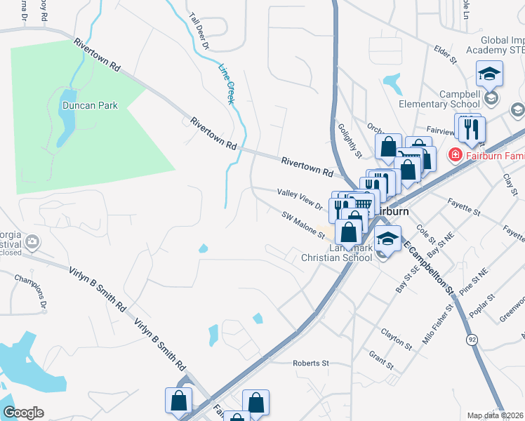 map of restaurants, bars, coffee shops, grocery stores, and more near 124 Southwest Malone Street in Fairburn