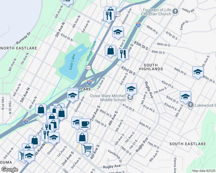 map of restaurants, bars, coffee shops, grocery stores, and more near 8126 2nd Avenue South in Birmingham