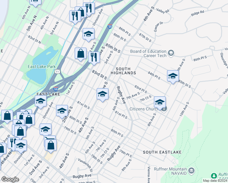 map of restaurants, bars, coffee shops, grocery stores, and more near 8221 5th Avenue South in Birmingham