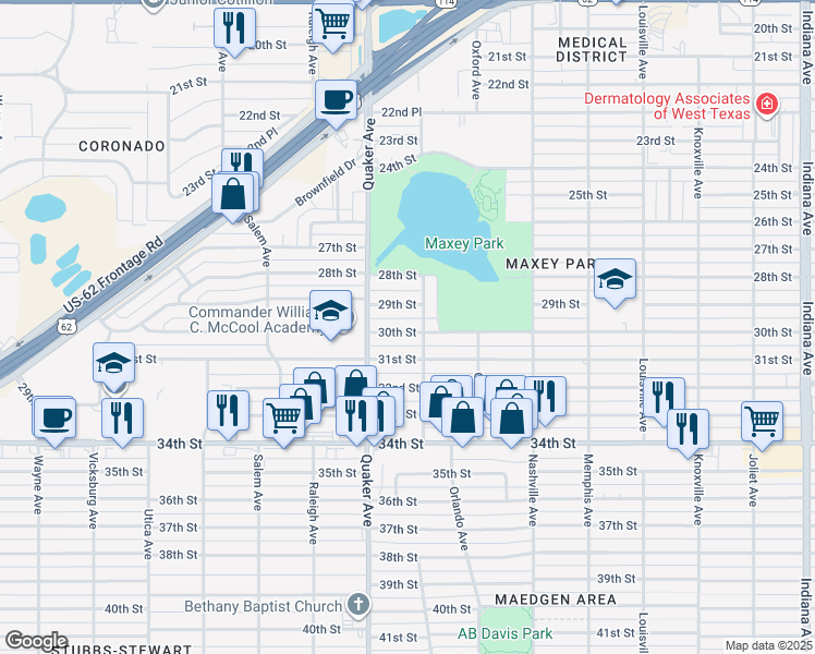 map of restaurants, bars, coffee shops, grocery stores, and more near 4312 30th Street in Lubbock