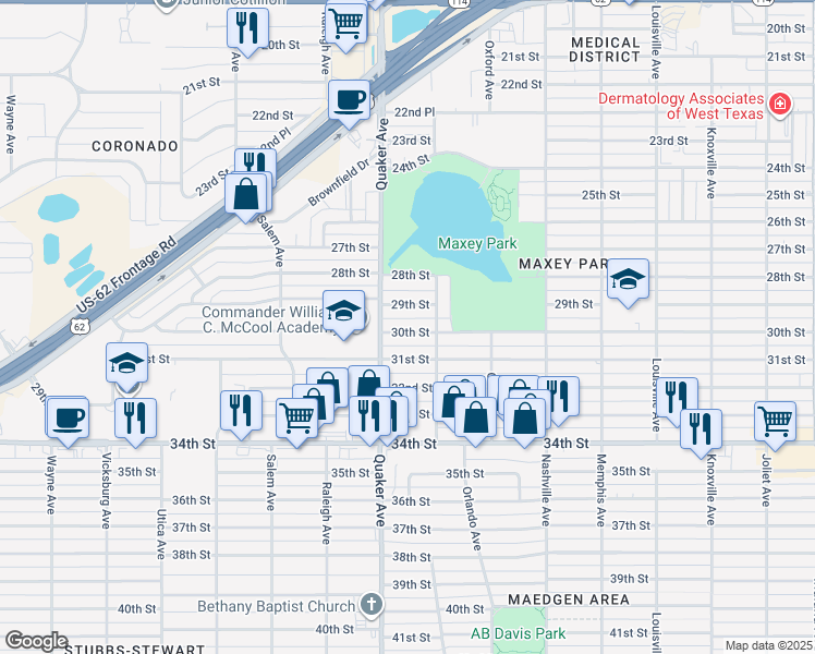 map of restaurants, bars, coffee shops, grocery stores, and more near 4312 30th Street in Lubbock