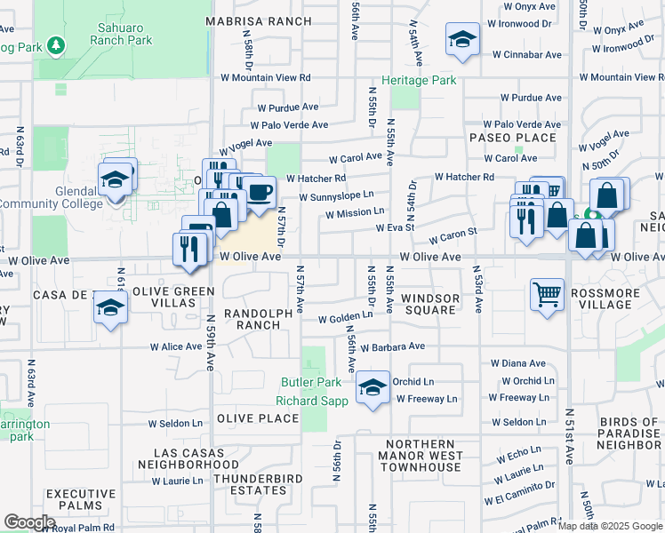 map of restaurants, bars, coffee shops, grocery stores, and more near 8926 North 56th Drive in Glendale
