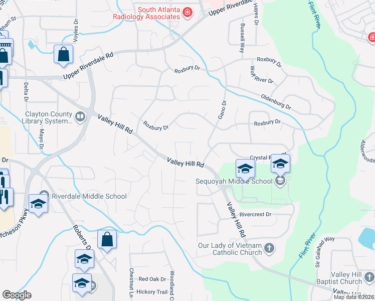 map of restaurants, bars, coffee shops, grocery stores, and more near 6871 Mountain Circle in Riverdale