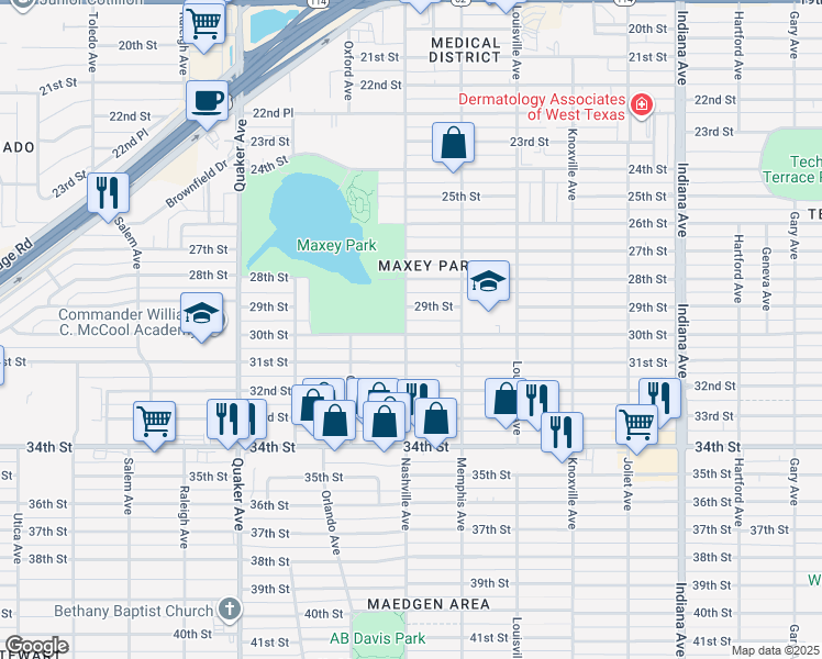 map of restaurants, bars, coffee shops, grocery stores, and more near 3816 30th Street in Lubbock
